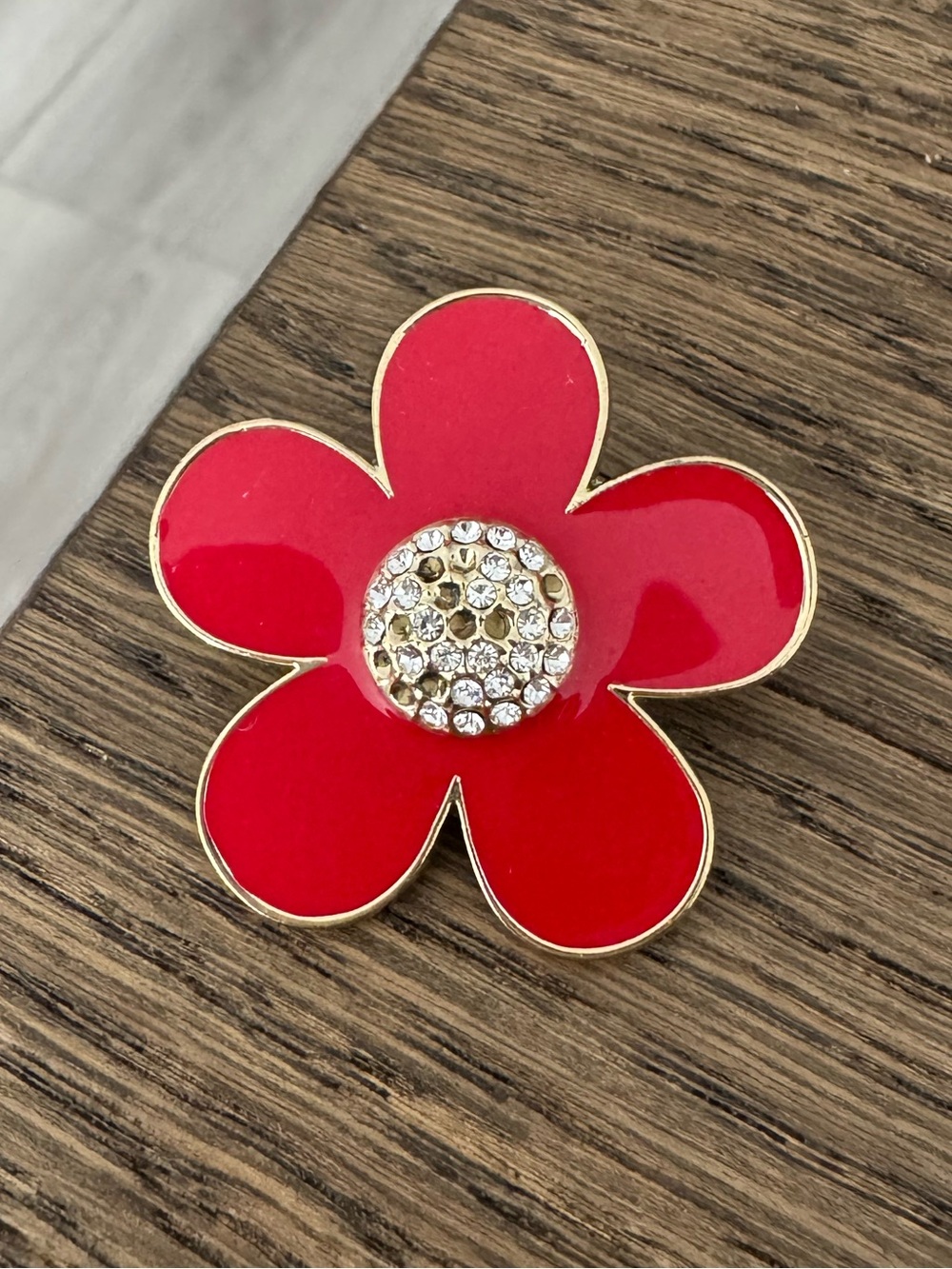Marc Jacobs Red Enamel Flower Brooch with Gold Tone and Crystal Center